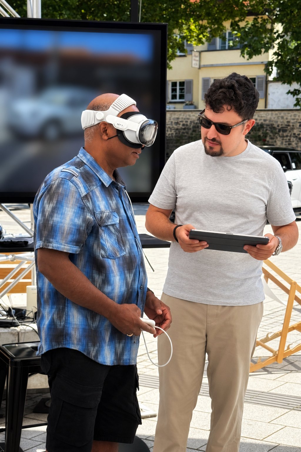 Philip segura um tablet ao lado de um participante que experimenta uma demonstração imersiva da MINI com um headset.